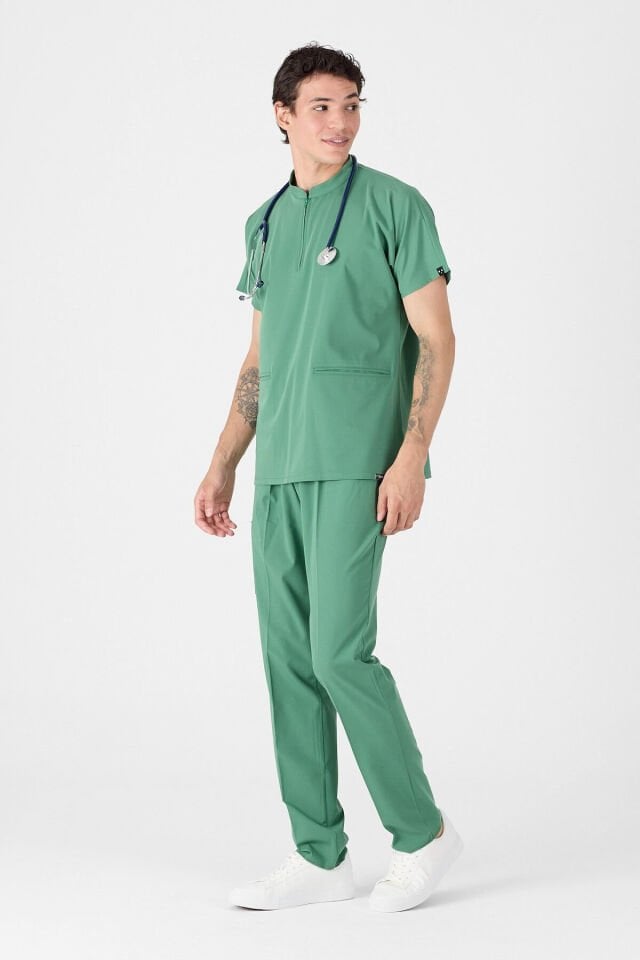 Likralı Çim Yeşili Hakim Yaka Scrubs