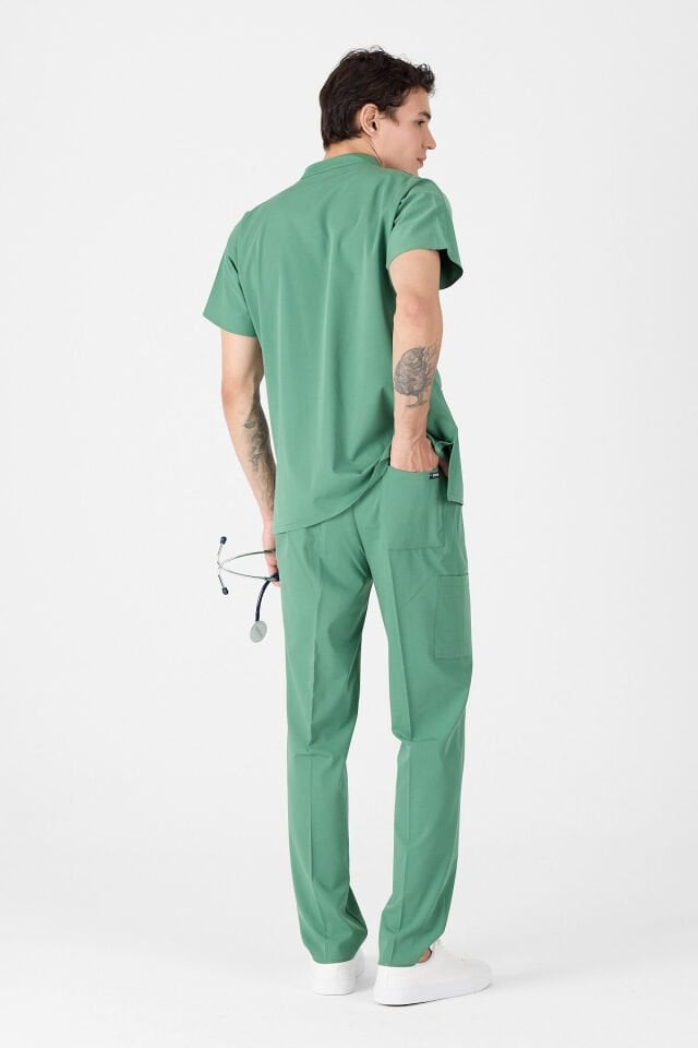 Likralı Çim Yeşili Hakim Yaka Scrubs