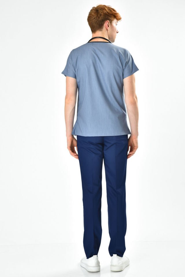 Denim-look Lycra Top and Navy Blue Lycra Bottom Combination Set