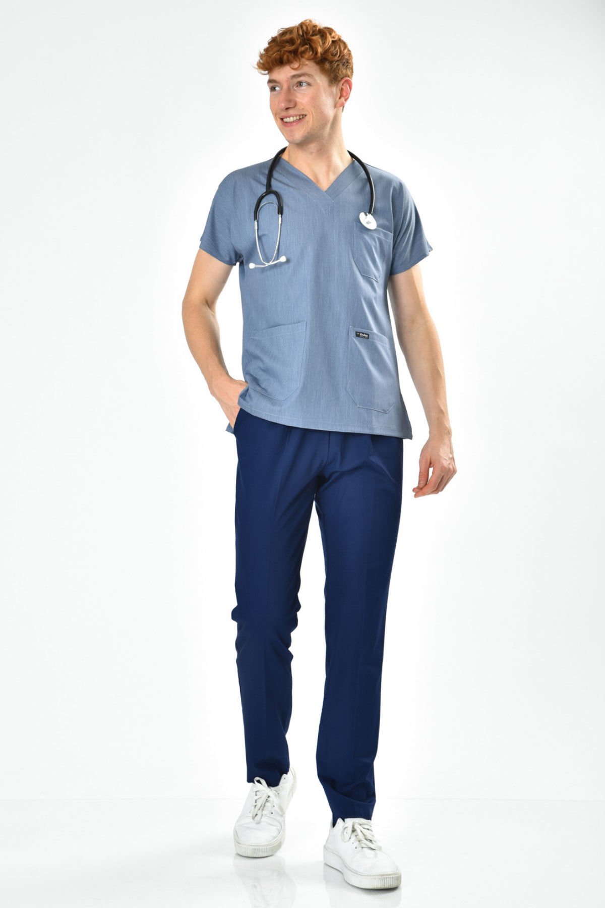 Denim-look Lycra Top and Navy Blue Lycra Bottom Combination Set