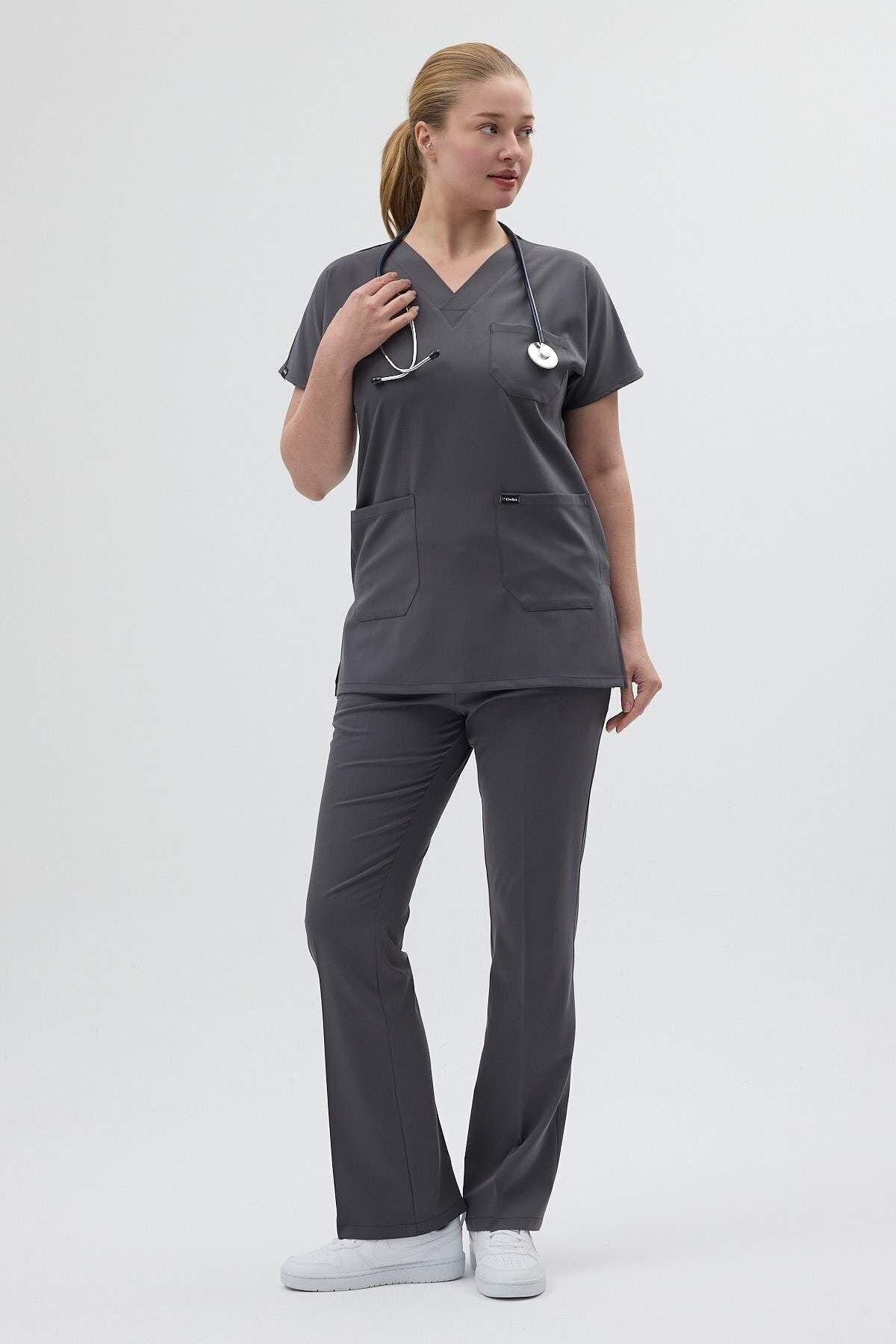 Füme Tunik Boy Kısa Kol Çan Paça Scrubs