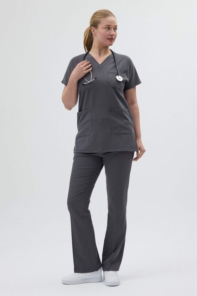 Füme Tunik Boy Kısa Kol Çan Paça Scrubs