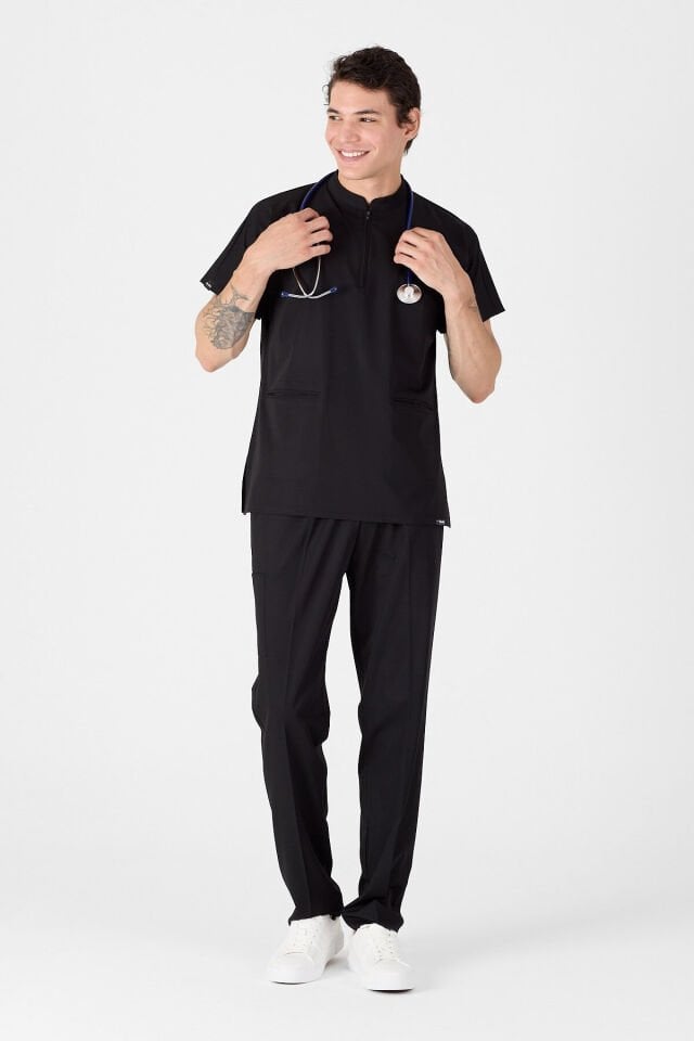 Likralı Siyah Hakim Yaka Scrubs Forma