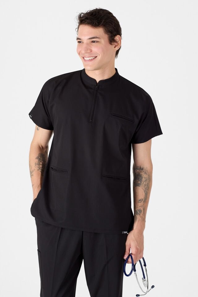 Likralı Siyah Hakim Yaka Scrubs Forma