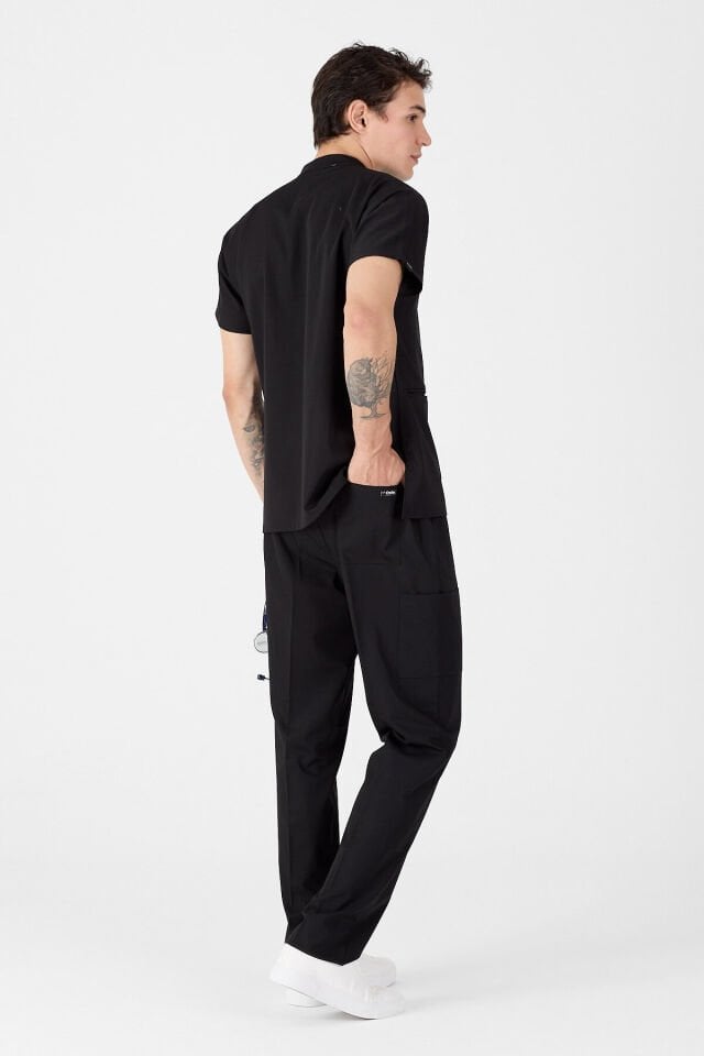 Likralı Siyah Hakim Yaka Scrubs Forma