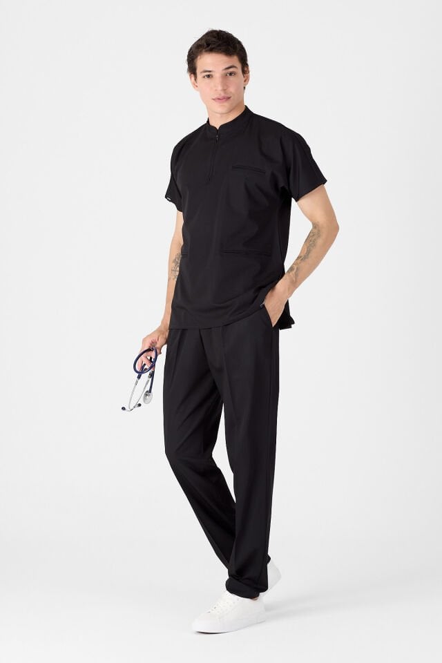 Likralı Siyah Hakim Yaka Scrubs Forma