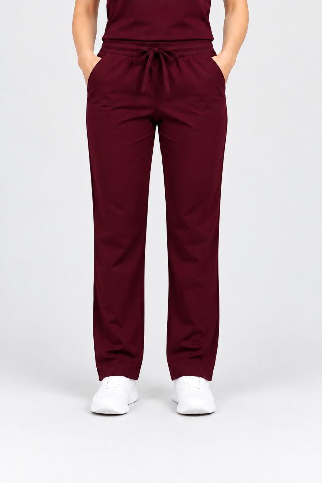 Likralı Bordo Boru Paça Scrubs Pantolon