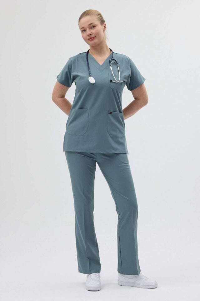Antrasit Mavi Tunik Boy Kısa Kol Çan Paça Scrubs