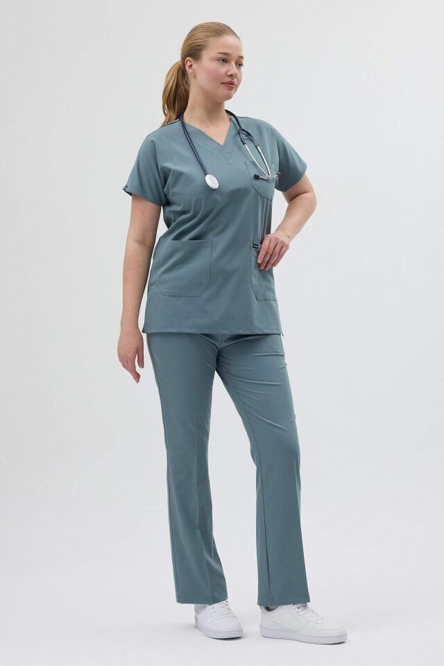 Antrasit Mavi Tunik Boy Kısa Kol Çan Paça Scrubs