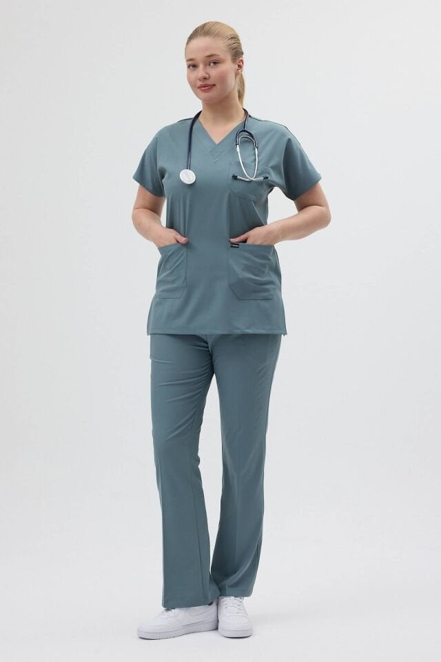 Antrasit Mavi Tunik Boy Kısa Kol Çan Paça Scrubs