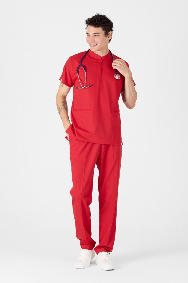 Likralı Kırmızı Hakim Yaka Scrubs Forma