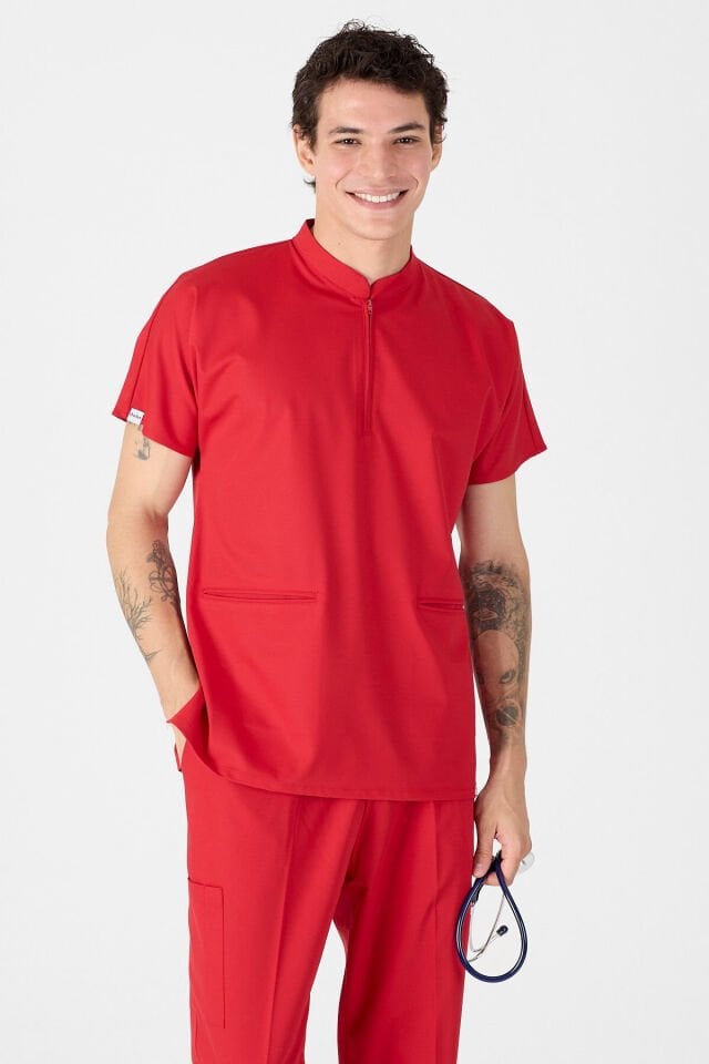 Likralı Kırmızı Hakim Yaka Scrubs Forma
