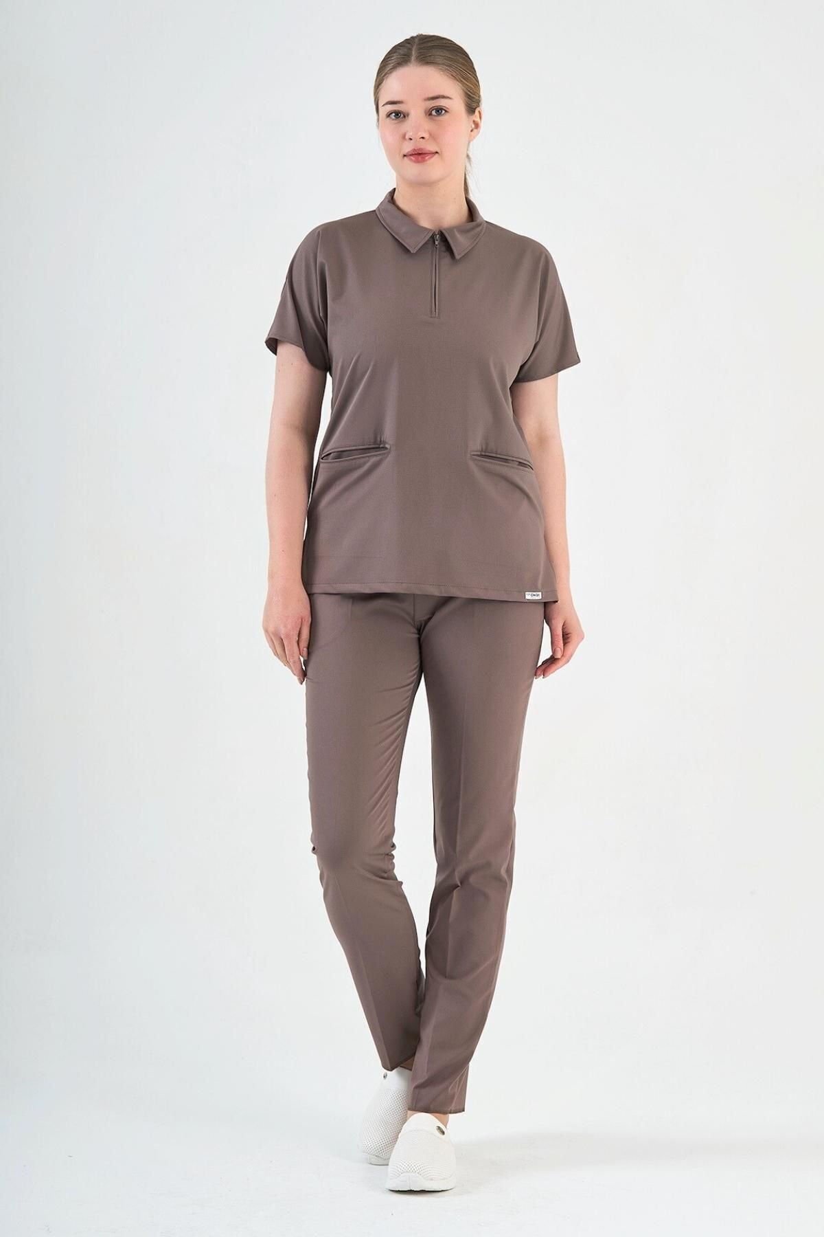 Likralı Koyu Vizon Polo Yaka Takım