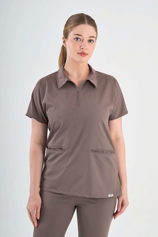 Likralı Koyu Vizon Polo Yaka Takım