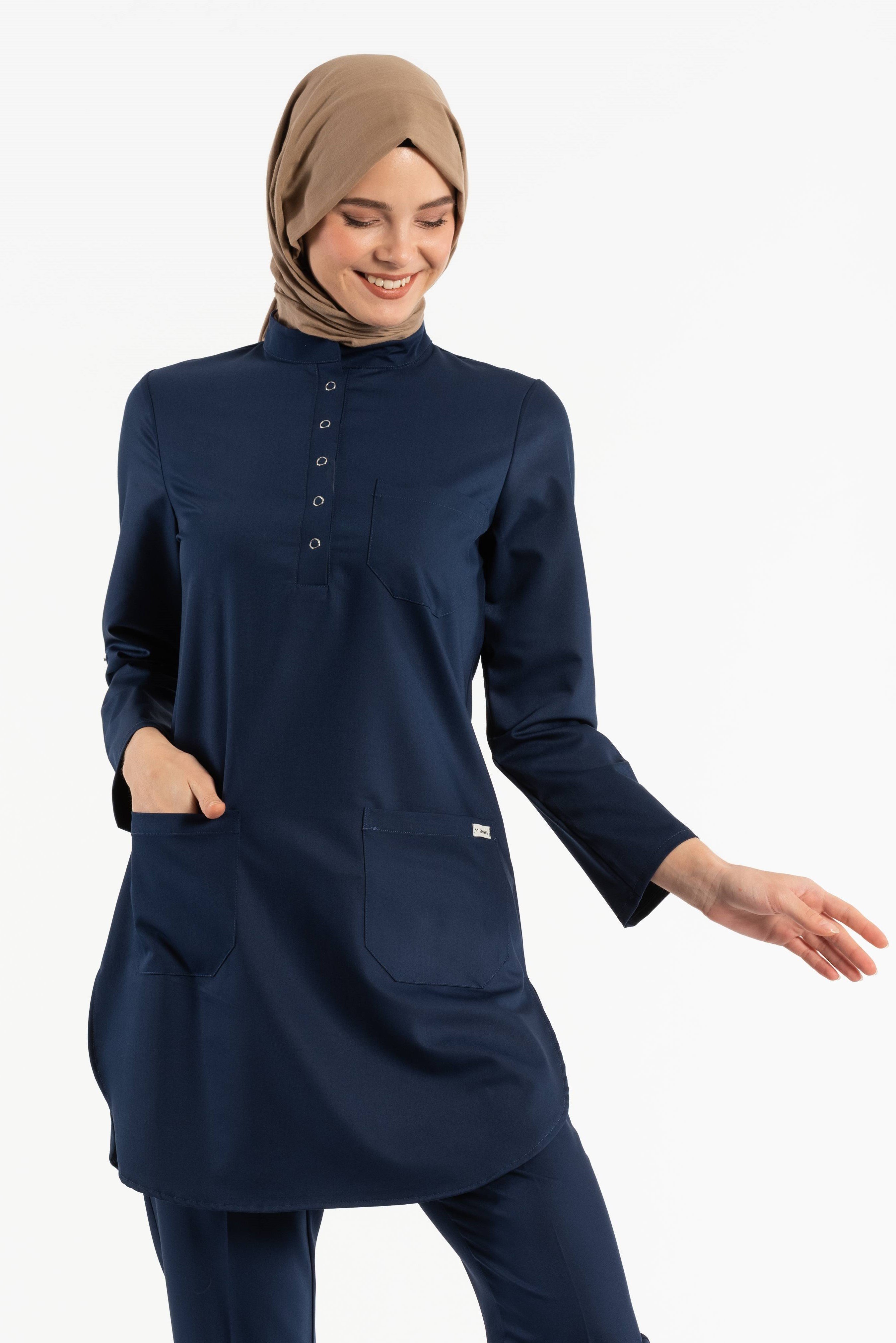 Hijab is dark blue lycra top