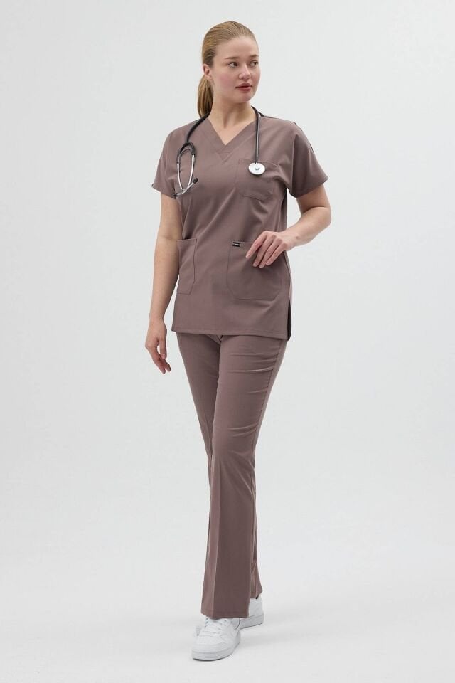 Koyu Vizon Tunik Boy Kısa Kol Çan Paça Scrubs