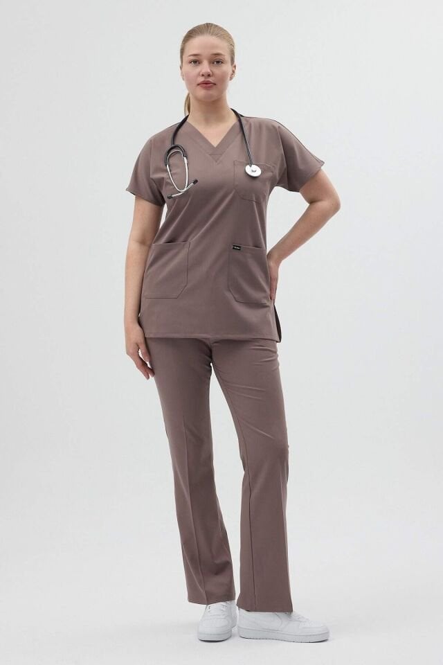 Koyu Vizon Tunik Boy Kısa Kol Çan Paça Scrubs