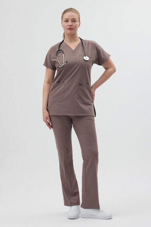 Koyu Vizon Tunik Boy Kısa Kol Çan Paça Scrubs