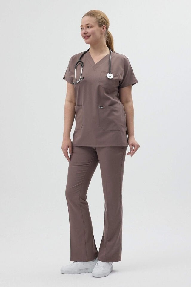 Koyu Vizon Tunik Boy Kısa Kol Çan Paça Scrubs