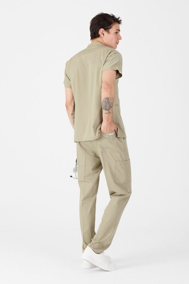 Likralı Çağla Yeşili Hakim Yaka Scrubs