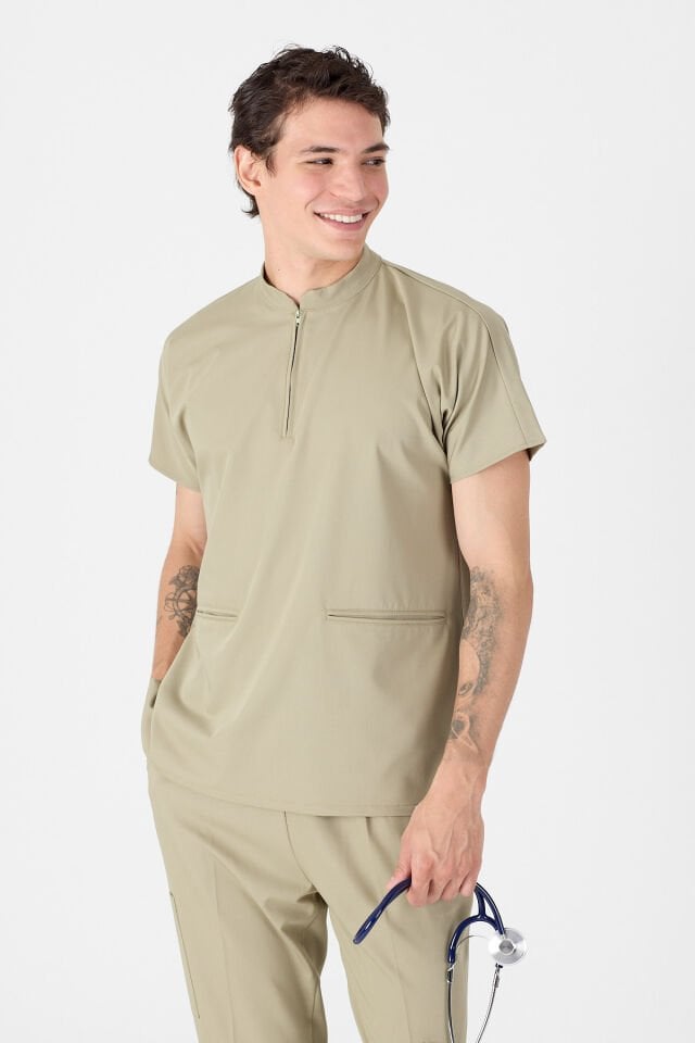 Likralı Çağla Yeşili Hakim Yaka Scrubs