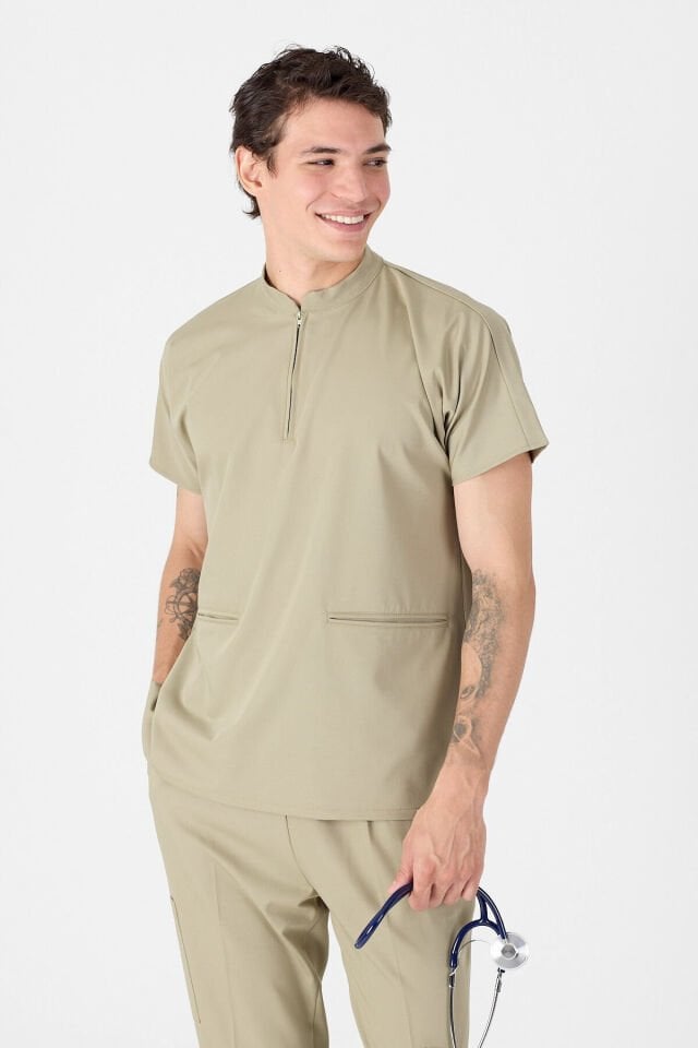 Likralı Çağla Yeşili Hakim Yaka Scrubs