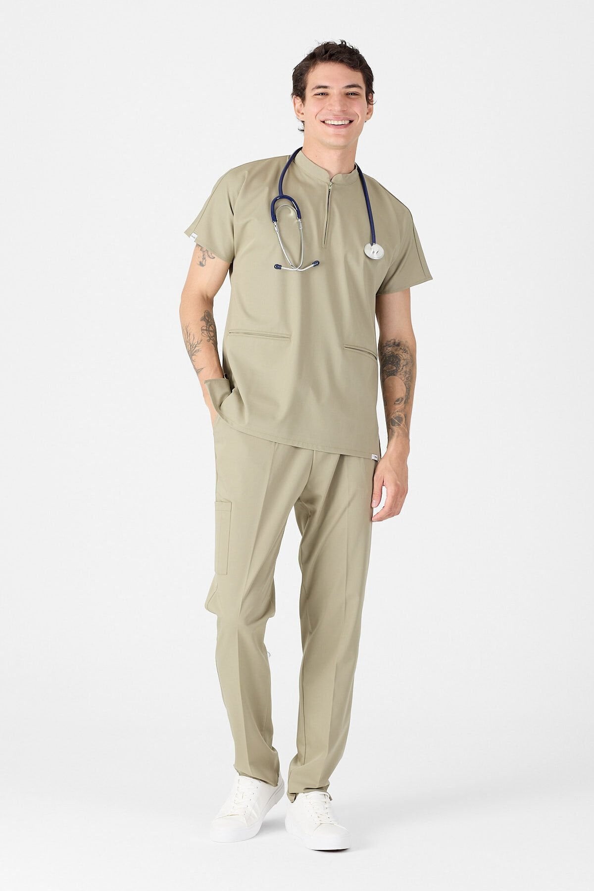 Likralı Çağla Yeşili Hakim Yaka Scrubs