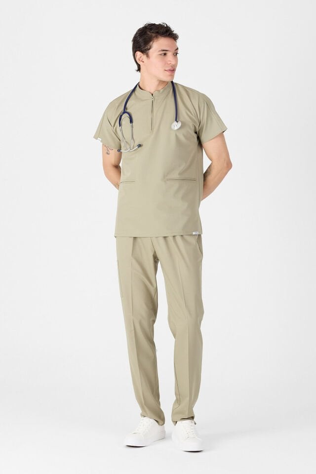 Likralı Çağla Yeşili Hakim Yaka Scrubs