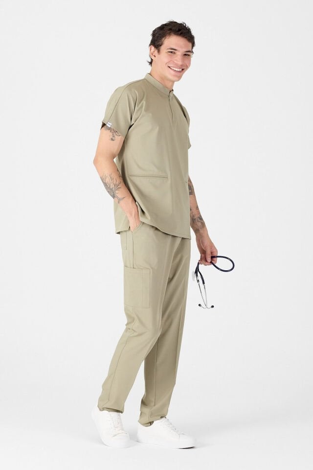 Likralı Çağla Yeşili Hakim Yaka Scrubs