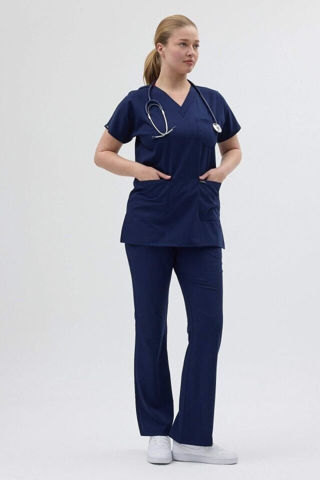 Lacivert Tunik Boy Kısa Kol Çan Paça Scrubs
