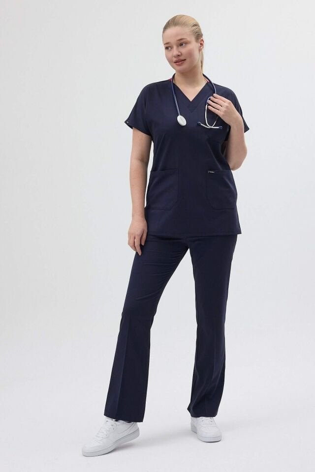 Koyu Lacivert Tunik Boy Kısa Kol Çan Paça Scrubs