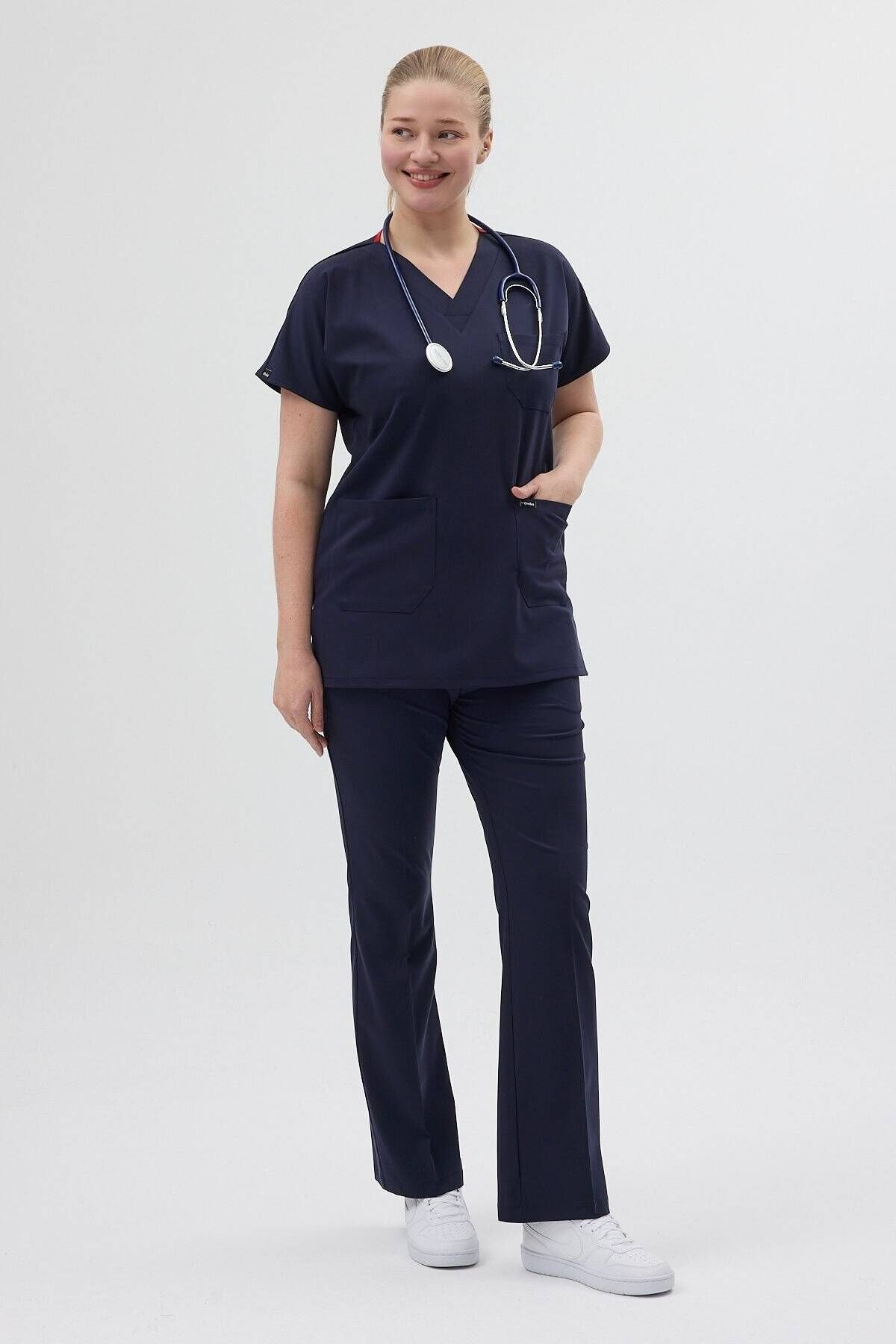 Dark Navy Tunic, Short Sleeve, A-Length Leg Scrubs