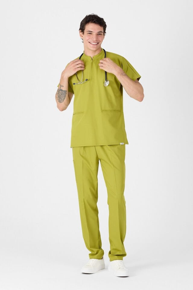 Likralı Yağ Yeşili Hakim Yaka Scrubs