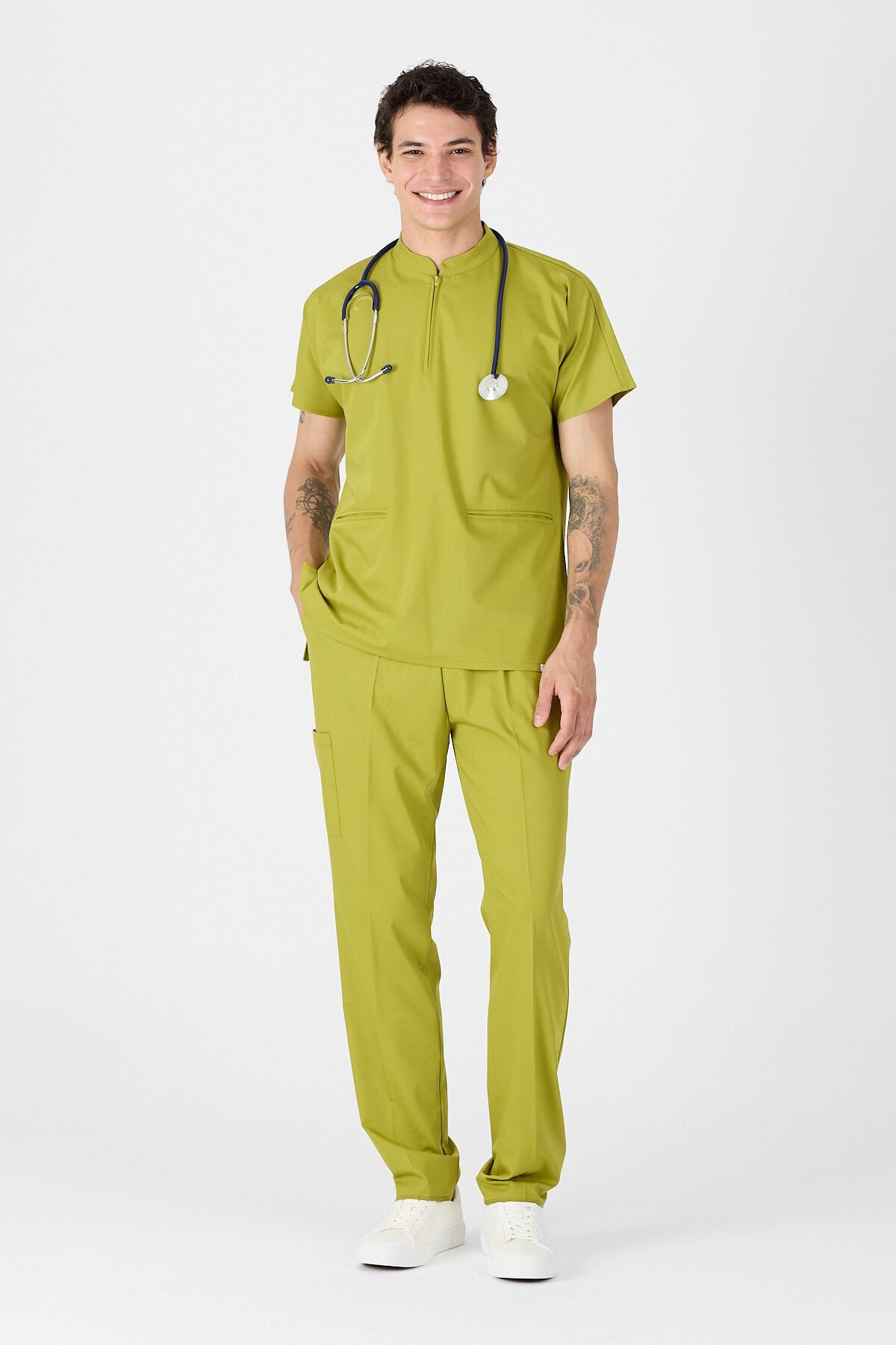 Likralı Yağ Yeşili Hakim Yaka Scrubs - Owlet Medikal
