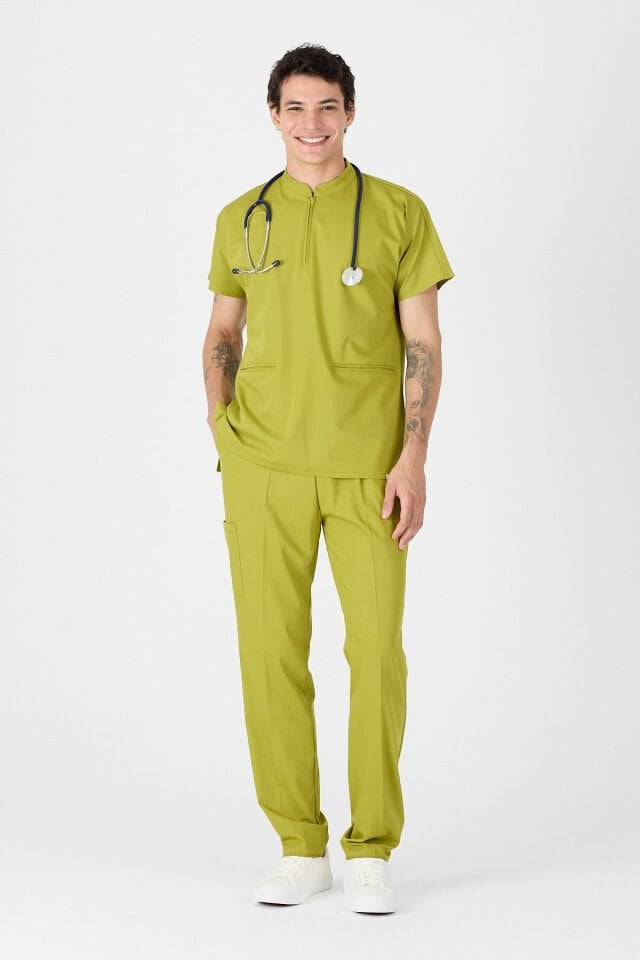 Likralı Yağ Yeşili Hakim Yaka Scrubs