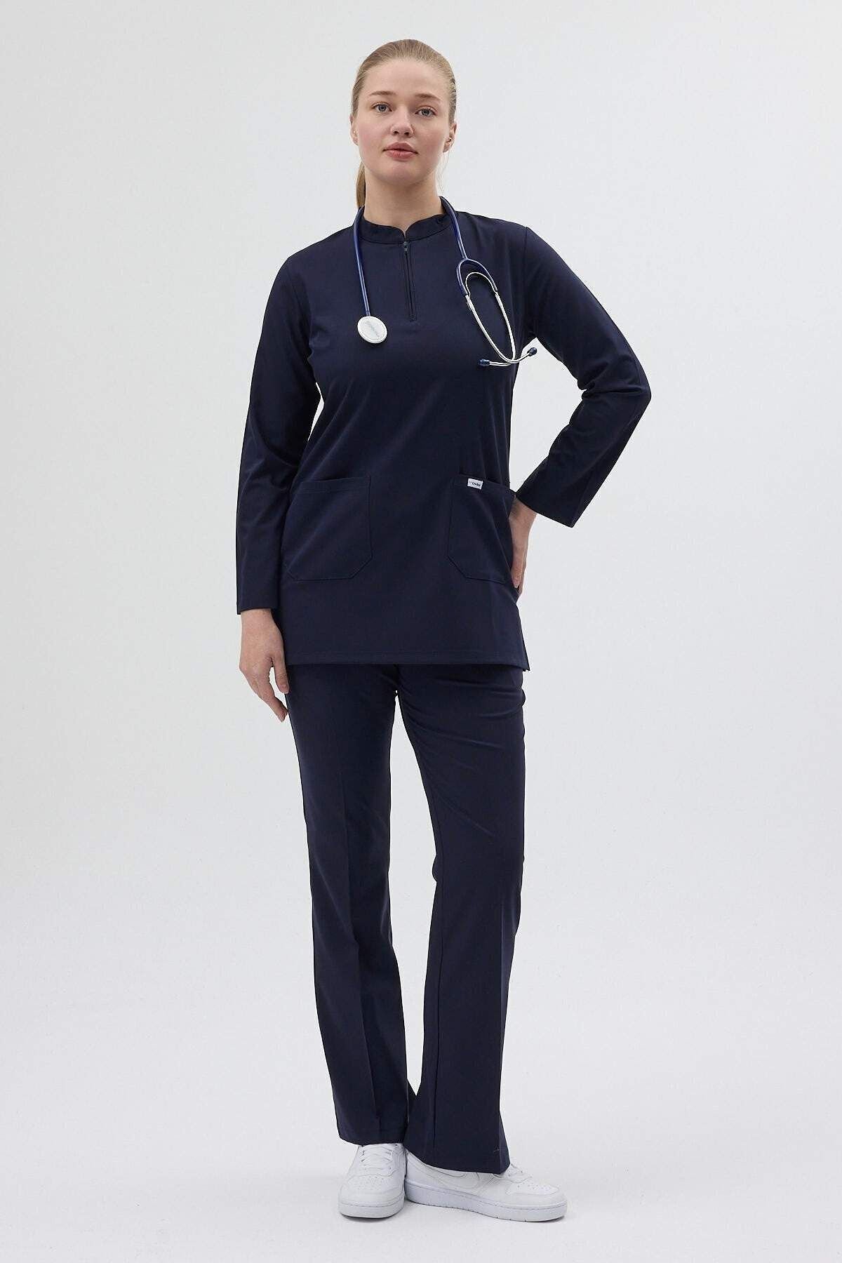 Koyu Lacivert Tunik Boy Çan Paça Scrubs