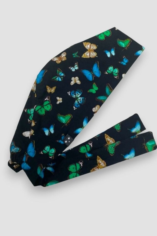 Butterfly Patterned Black Surgical Hijab Bonnet