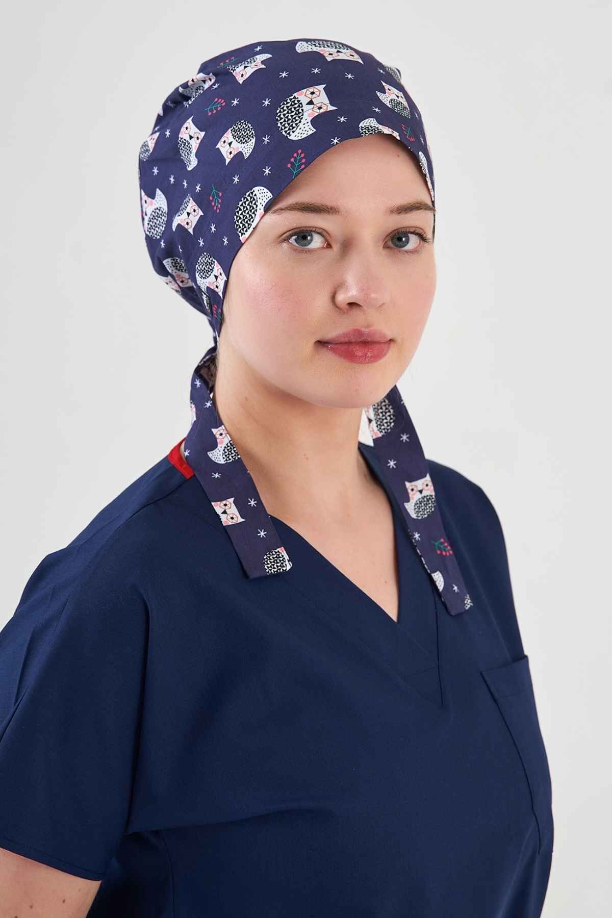 Baykuş Desenli Lacivert Cerrahi Tesettür Bone