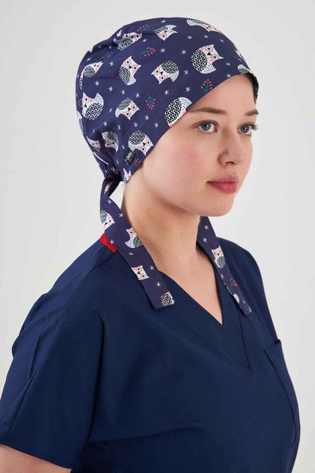 Baykuş Desenli Lacivert Cerrahi Tesettür Bone