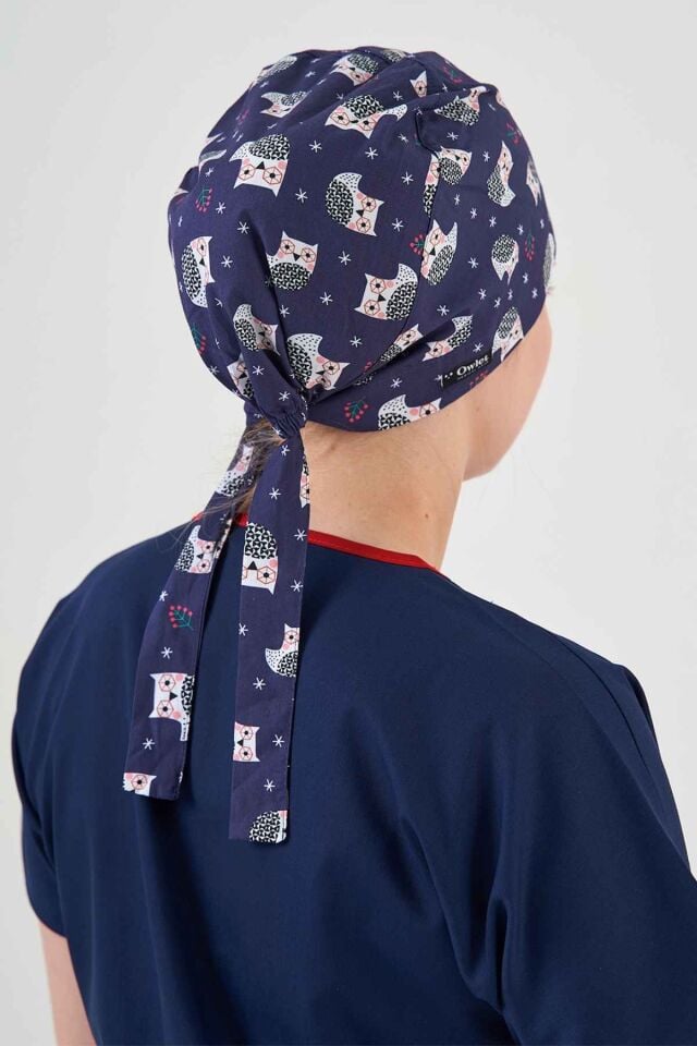 Baykuş Desenli Lacivert Cerrahi Tesettür Bone