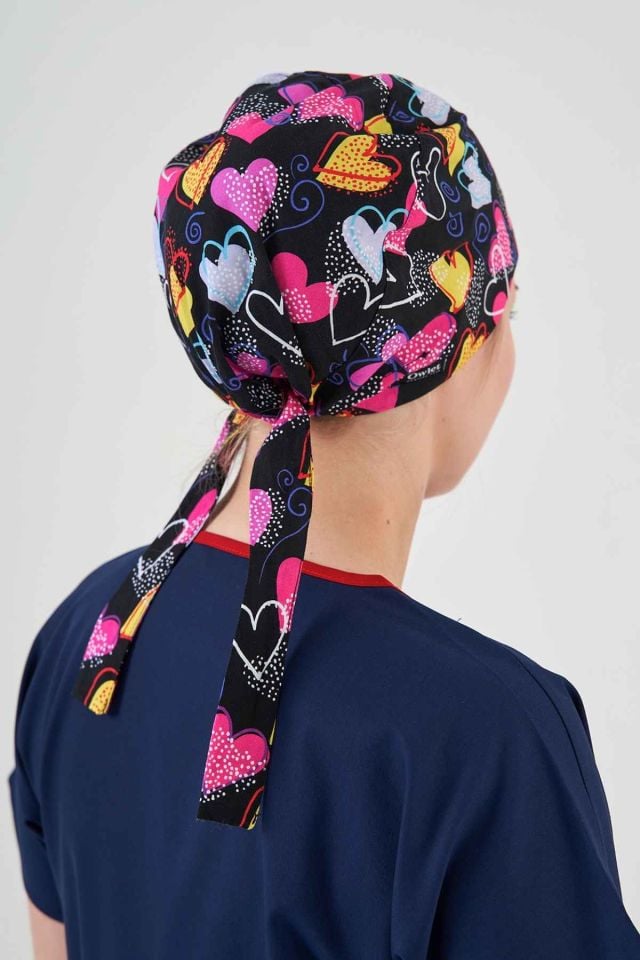 Black Surgical Hijab Bonnet with Heart Pattern