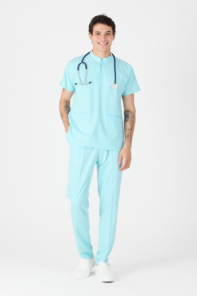 Likralı Buz Mavisi Fermuar Detaylı Scrubs