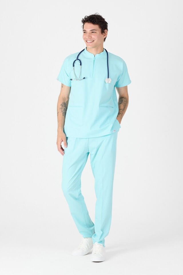 Likralı Buz Mavisi Fermuar Detaylı Scrubs