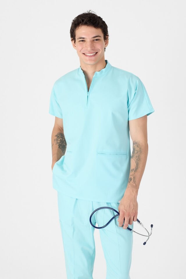 Likralı Buz Mavisi Fermuar Detaylı Scrubs