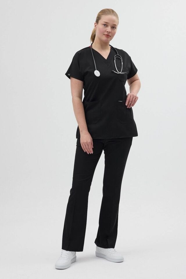 Siyah Tunik Boy Kısa Kol Çan Paça Scrubs
