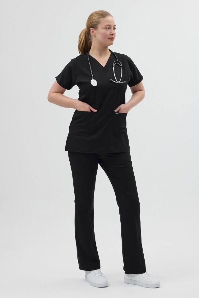 Siyah Tunik Boy Kısa Kol Çan Paça Scrubs