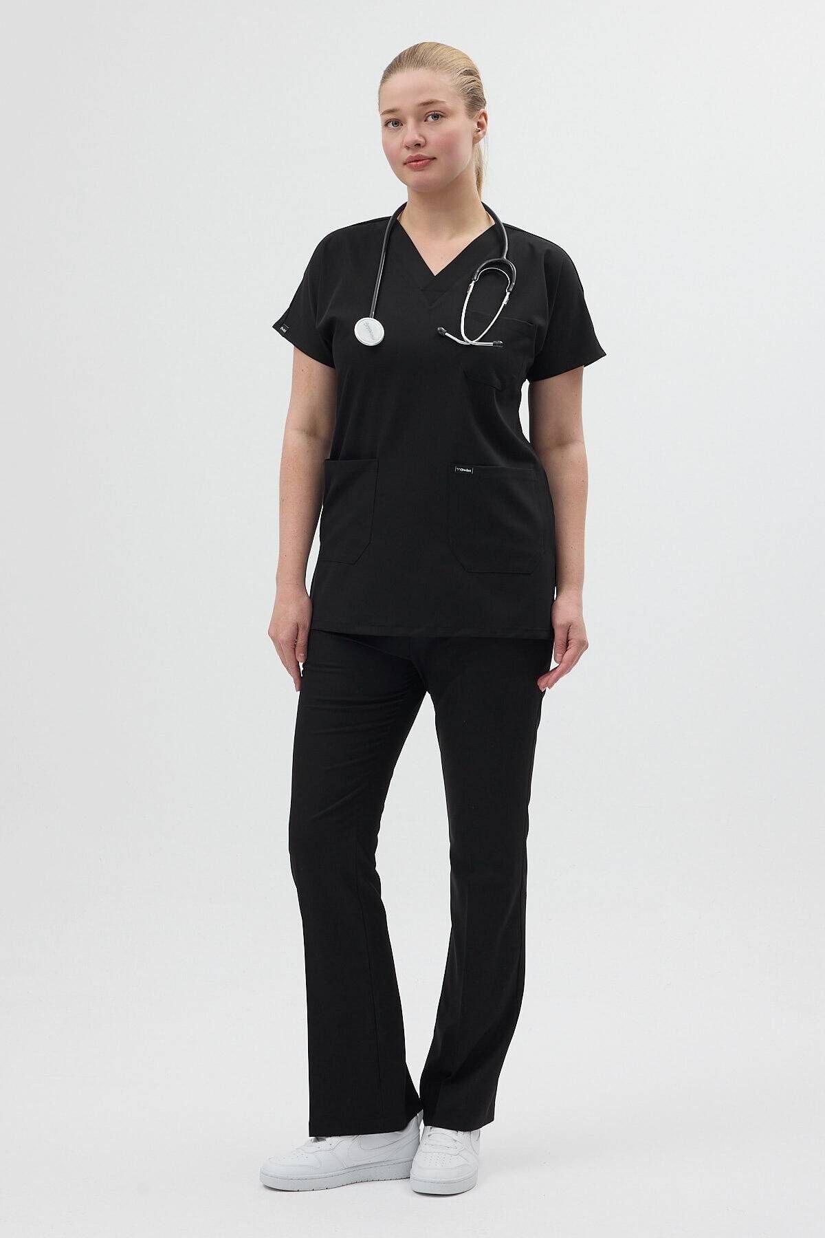 Siyah Tunik Boy Kısa Kol Çan Paça Scrubs