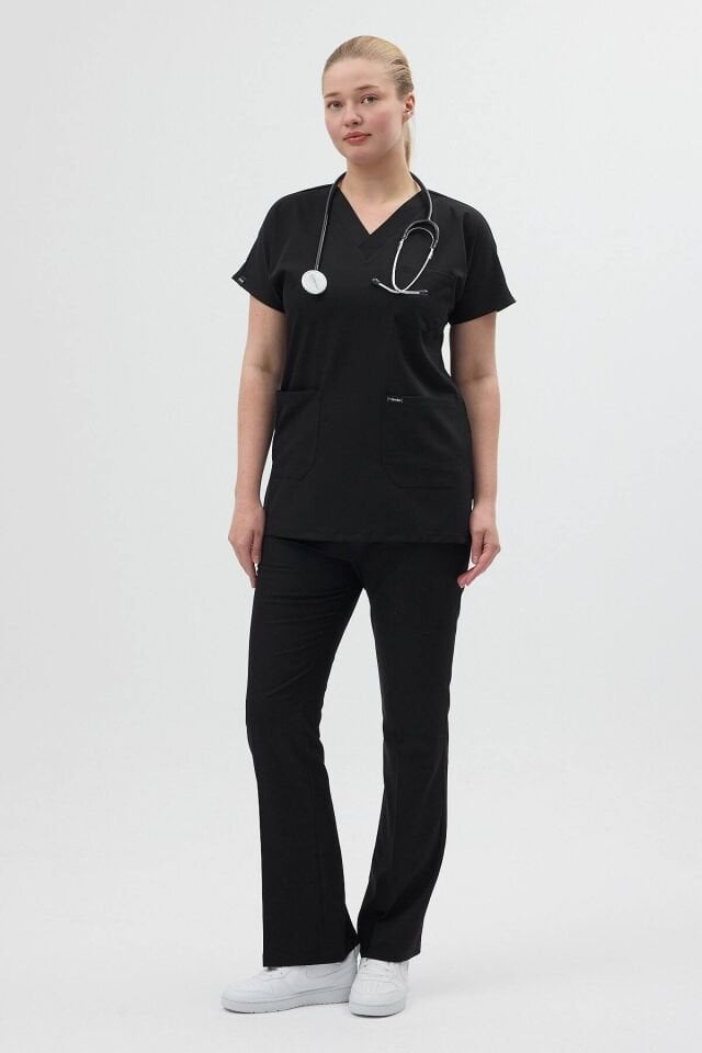 Siyah Tunik Boy Kısa Kol Çan Paça Scrubs