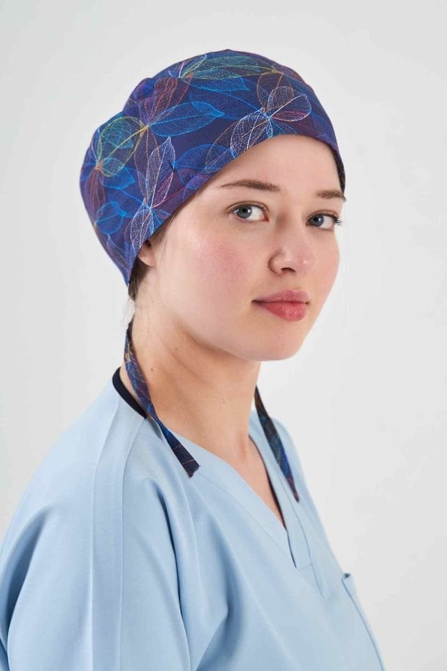 Navy Blue Surgical Cap with Leaf Pattern