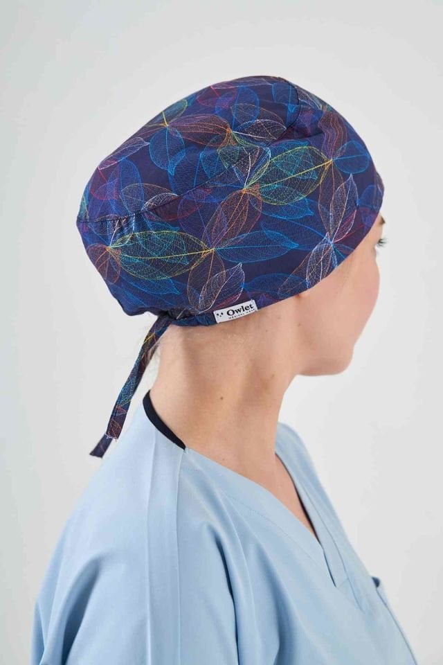 Navy Blue Surgical Cap with Leaf Pattern